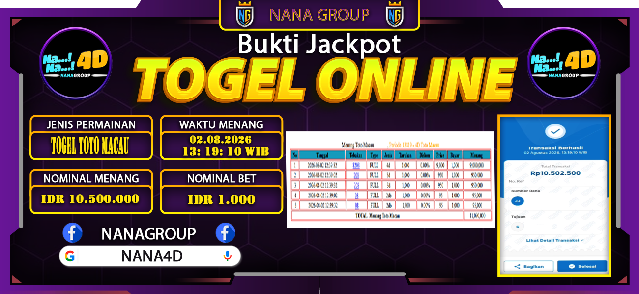 Bukti Kemenangan Besar Dibayar lunas Member NANA4D RP 10.500.000, 2 Agustus 2026