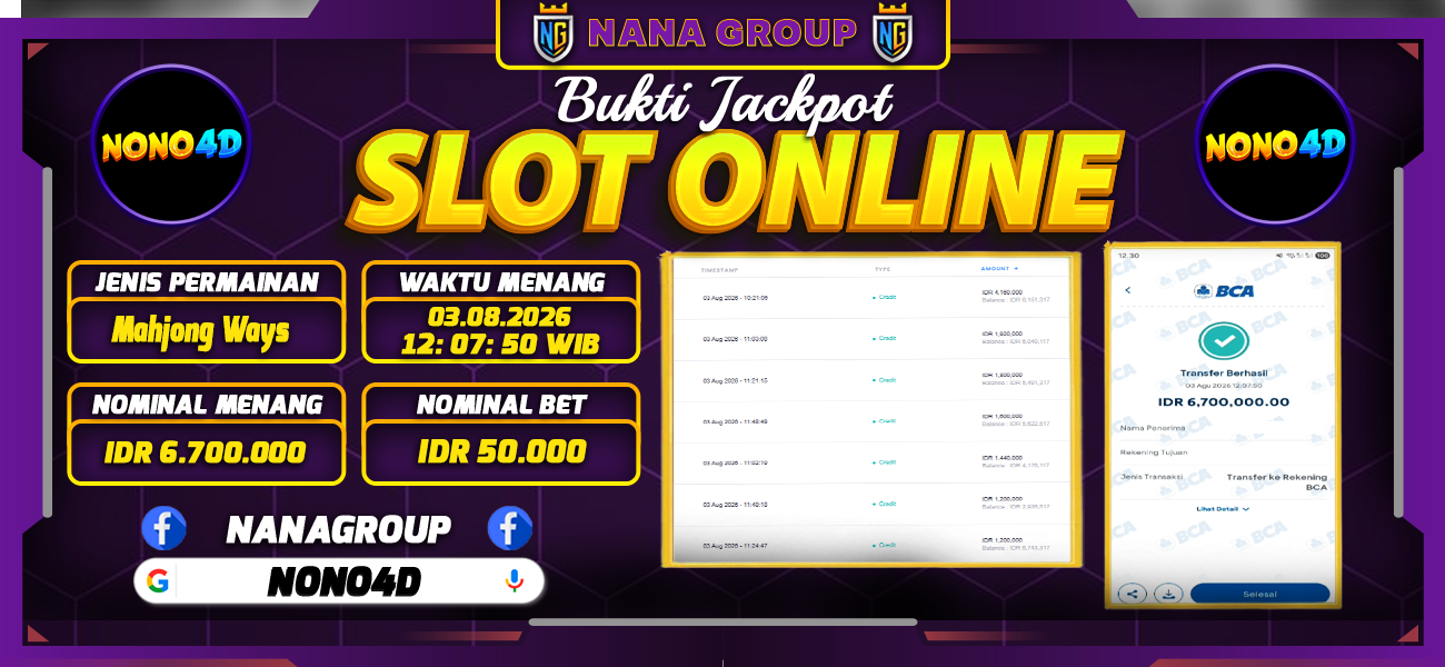 Bukti Kemenangan Besar Dibayar lunas Member NANA4D RP 6.700.000, 3 Agustus 2026