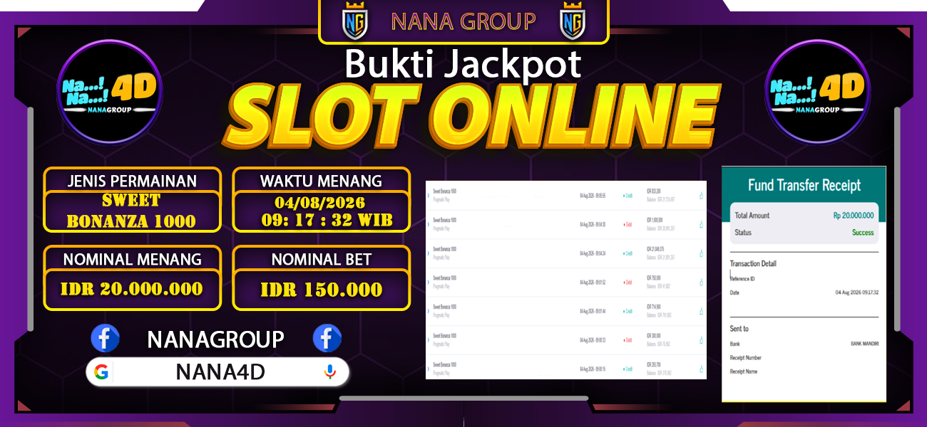 Bukti Kemenangan Besar Dibayar lunas Member NANA4D RP 20.000.000, 4 Agustus 2026
