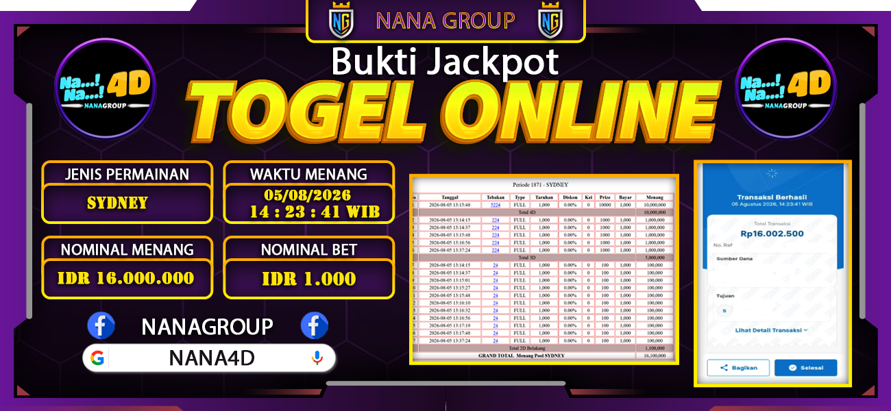 Bukti Kemenangan Besar Dibayar lunas Member NANA4D RP 16.000.000, 5 Agustus 2026
