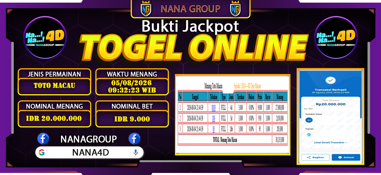 Bukti Kemenangan Besar Dibayar lunas Member NANA4D RP 20.000.000, 5 Agustus 2026